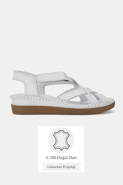 TUNAELLİ Women's White Genuine Leather 35-41-42 Number Strapped Flat Wedge Heels Side Open Sandals