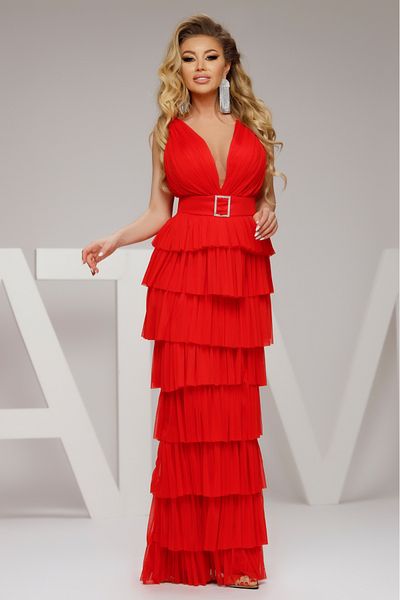 Atmosphere Fashion Long red silk tulle dress with ruffles