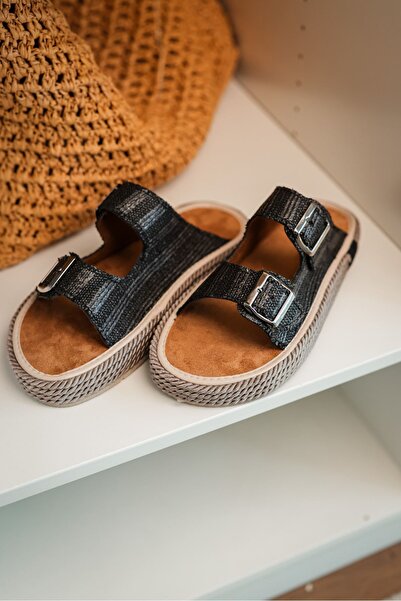 by selvi Lukka Shoes Francesco Siyah Çift Tokalı El Yapımı Natural Hasır Erkek Terlik