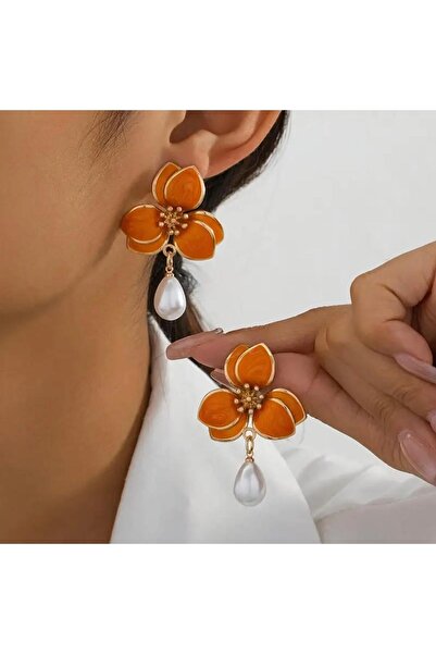 Tudivanyu Aksesuar Sweet Vintage Flower Pattern Pearl Detail Earrings
