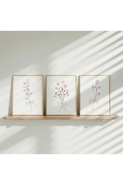 NT Handmade Natural Wooden Framed Uv Printing Set of 3 Pink Floral Paintings – Modern & Stylish Wall Decor