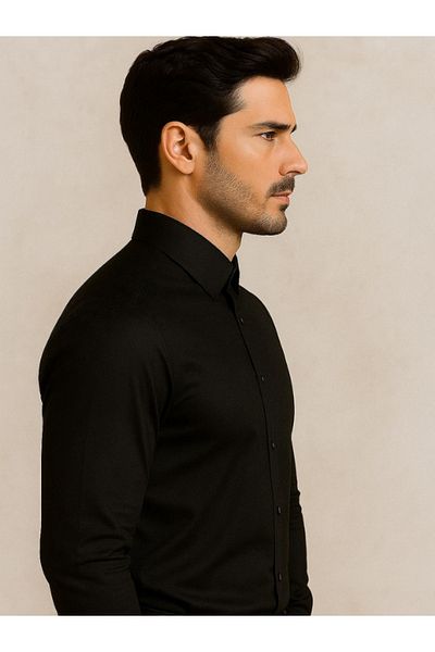 CASSIS Ανδρικό Slim Fit Βαμβακερό Σατέν Μαύρο Βαμβακερό πουκάμισο