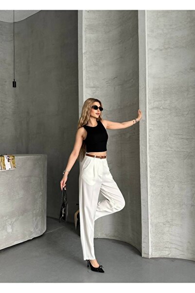 vesantia Women's White Belted Carrot Cut Fabric Trousers