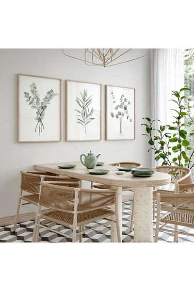 NT Handmade Natural Wooden Framed Uv Printing 3-Piece Green Leaves Painting Set – Modern & Stylish Wall Decor