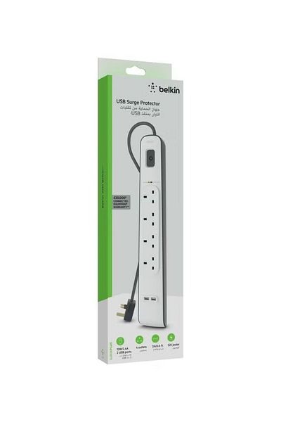 rexa 4-Outlet Surge Protector And 2-USB Ports With 2M Power Cord White 5.4x49.2x14cm