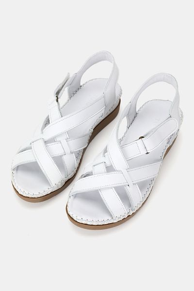 TUNAELLİ Women's White Genuine Leather 35-41-42 Number Strapped Flat Wedge Heels Side Open Sandals