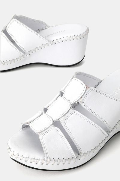 TUNAELLİ Women's White Khaki Natural Leather 36-41 Number Wedge Heel Slippers