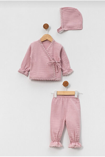 BabyWings Müslin Fırfır Detaylı 3'lü Şapkalı Set Takım