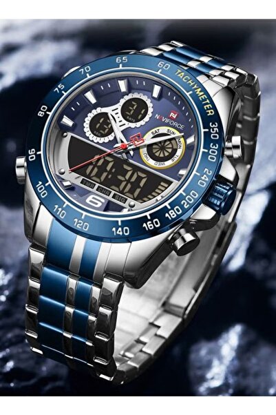 Naviforce Men's Analog-Digital Sports Watch, Stainless Steel Band with Blue Accents, Multifunction Chronograph