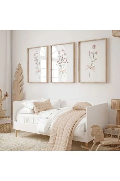 NT Handmade Natural Wooden Framed Uv Printing Set of 3 Pink Floral Paintings – Modern & Stylish Wall Decor