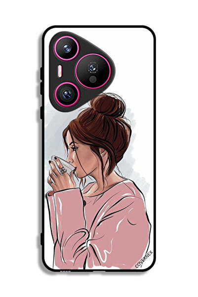 Covernex غطاء حماية لهاتف هواوي بيورا 70 بتصميم فتاة تشرب الشاي