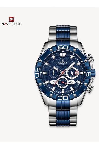 Naviforce Luxury Stainless Steel Blue Dial Chronograph Watch for Men with Date Display Luminous Hands