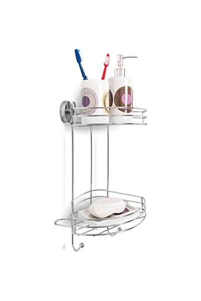 rexa رف زاوية بقفل مفرغ من طبقتين - رف حمام بدون حفر، مقاس 23 × 21 × 43 سم، فضي