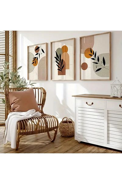 NT Handmade Natural Wood Framed Uv Printing Set of 3 Abstract Pattern Paintings – Modern & Stylish Wall Decor