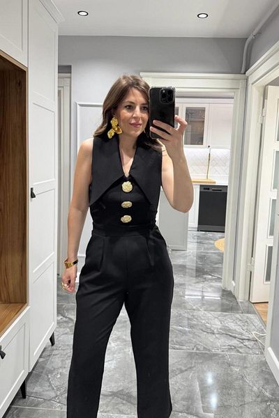 Banu Angay Gold Button Wide Collar Jumpsuit Black