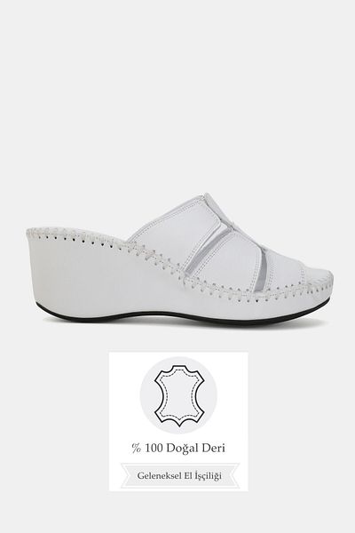TUNAELLİ Women's White Khaki Natural Leather 36-41 Number Wedge Heel Slippers