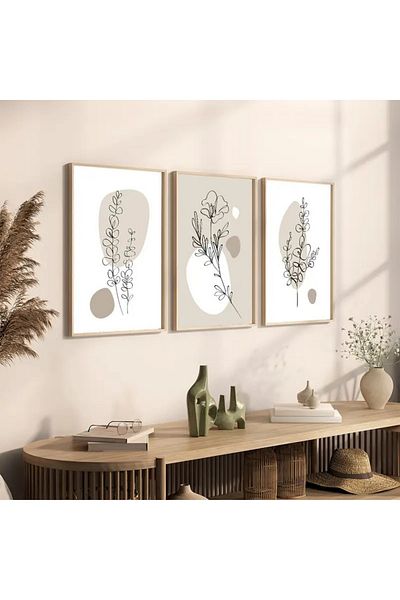 NT Handmade Uv Print with Natural Wood Frame Set of 3 Abstract Floral Pattern Paintings – Modern & Stylish Wall Decor