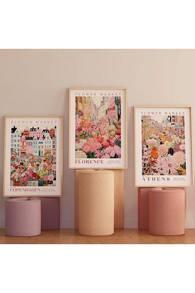 NT Handmade Natural Wood Framed Uv Print 3-Piece Colorful City and Flowers Painting Set – Modern & Stylish Wall Decor