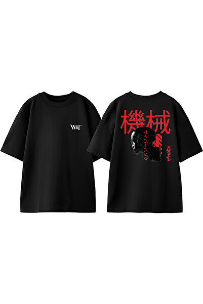 THEWERT Tricou oversize negru din bumbac imprimat pe spate cu design în stil ...