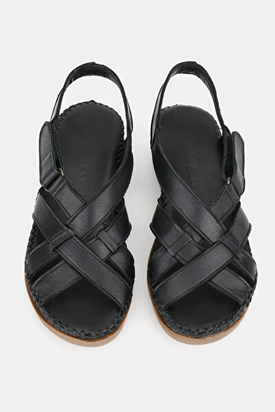 TUNAELLİ Women's Black Genuine Leather 35-41-42 Number Strapped Flat Wedge Heels Side Open Sandals