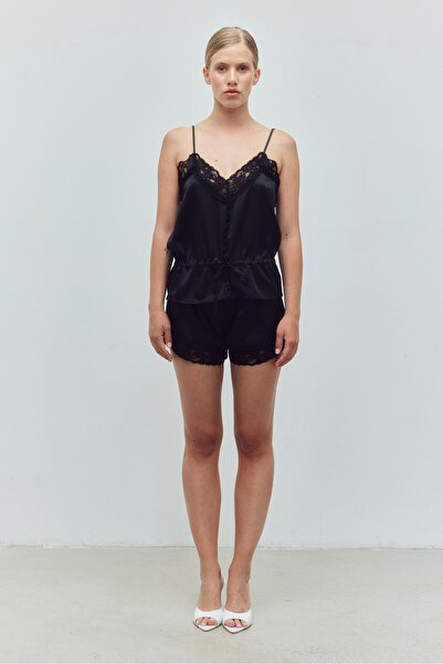 Bohai Design Siyah İpek Saten Dantel Düğme Detaylı Şort-Bluz Alt-Üst Gecelik ...