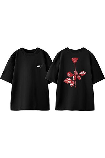 THEWERT Tricou oversize negru din bumbac cu imprimeu pe spate Depeche Mode 4 ...