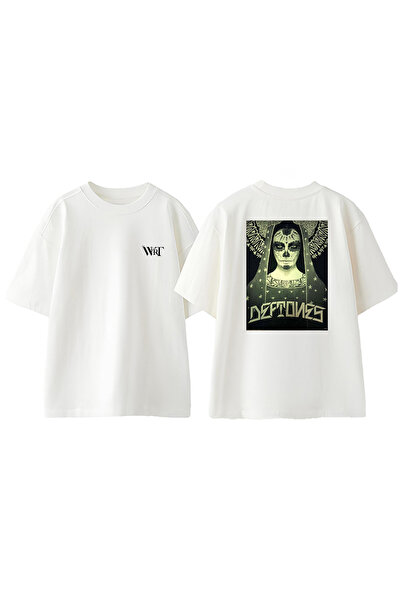 THEWERT Tricou oversize alb din bumbac cu imprimeu pe spate Deftones 18