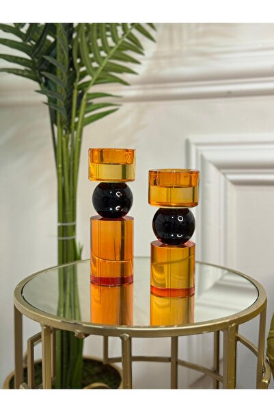 TASARIMHMODA İkili Kristal İthal Mumluk Set Turuncu Siyah
