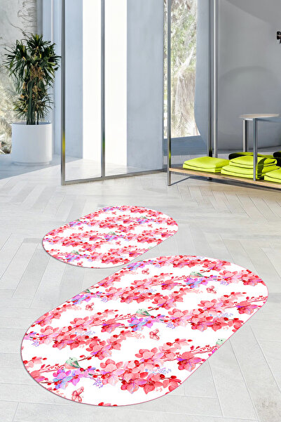 Viyana Home Covoraș de baie oval cu model de flori, lavabil, cu bază anti-alu...