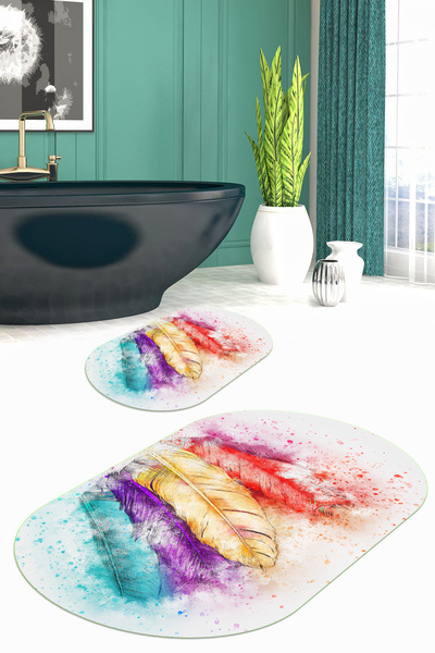 Viyana Home 3D Printed Non-Slip Base Washable Oval Bath Mat Set of 2 Toilet Seat Covers