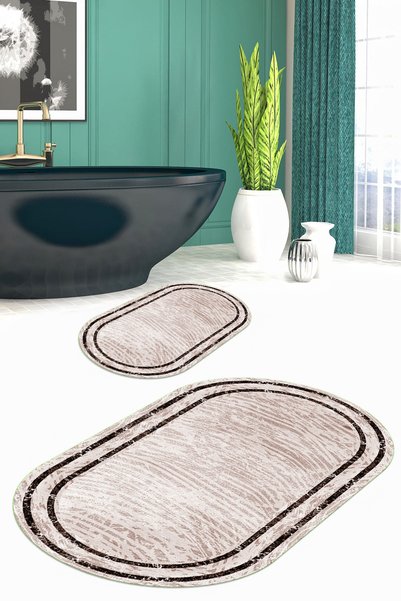 Viyana Home Printed Non-Slip Base Washable Framed Oval Bath Mat Set of 2 Toilet Mats