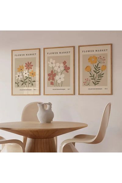 NT Handmade Natural Wooden Framed Uv Printing 3-Piece Flower Pattern Painting Set – Modern & Stylish Wall Decor
