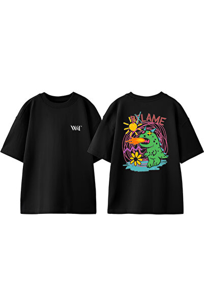 THEWERT Bflame Design tricou oversize negru din bumbac cu imprimeu pe spate
