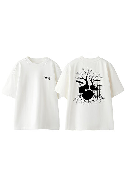 THEWERT Tricou oversize alb din bumbac cu imprimeu pe spate Bateri Drum Muzik...