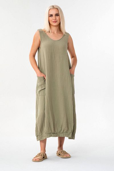 Fashion Showcase Muslin Fabric 100% Cotton Sleeveless Summer Casual Authentic Dress Green