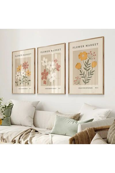 NT Handmade Natural Wooden Framed Uv Printing 3-Piece Flower Pattern Painting Set – Modern & Stylish Wall Decor