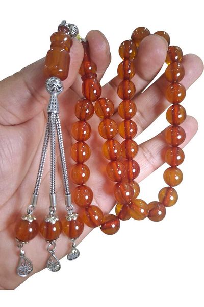 Cekke Tesbih Vertical Vein Stick Tightening Amber 11*11.5 mm 5.5 Gr Silver Tassel Daily Prayer Beads