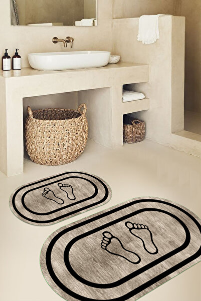 Viyana Home سجادة حمام بيضاوية الشكل بنمط بصمة قدم قابلة للغسل وقاعدة مانعة ل...