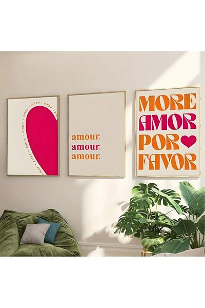 NT Handmade Natural Wooden Framed Uv Printing 3-Piece Amour Written Painting Set – Modern & Stylish Wall Decor