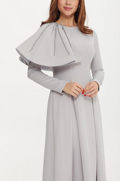 Stylish Long gray dress with embroidered shoulder