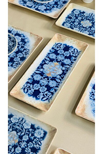 kuvars home Lüx Porselen Mavi Çiçekli 19 Parça 6 Kişilik Kahvaltı Takımı, Seti