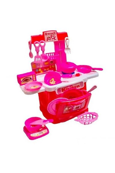 OEM Set jucărie bucătărie cu aragaz, cuptor, chiuvetă, plită cu inducție, 18 piese, roz, 28.5x12.5
