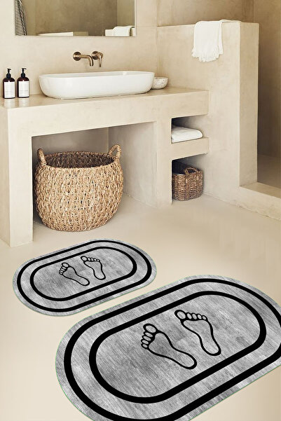 Viyana Home سجادة حمام بيضاوية الشكل بنمط بصمة قدم قابلة للغسل وقاعدة مانعة ل...