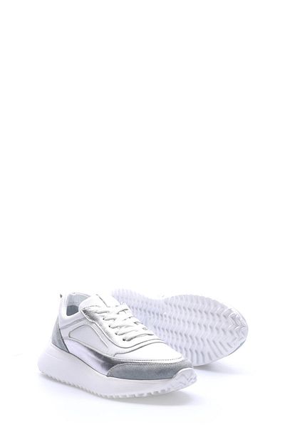 Ayakkabıhane Inside and Outside Genuine Leather White Silver Women's Sports Shoes Ah081362611008