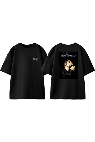 THEWERT Tricou oversize negru din bumbac cu imprimeu pe spate Deftones 22