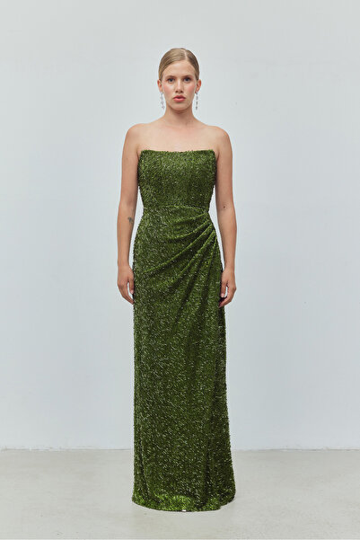 Bohai Design Yeşil Pullu Payetli Straplez Yırtmaç Detaylı Özel Gün Davet Düğü...