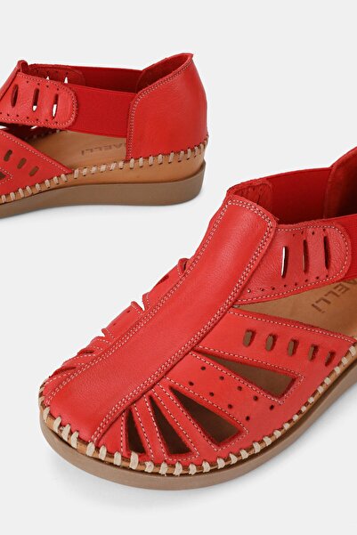 TUNAELLİ Women's Red Khaki Leather 35-41-42 Number Strapped Flat Wedge Heels Side Open Sandals