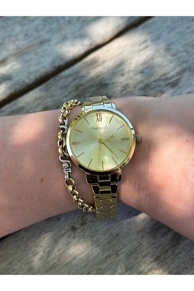 Ferrucci Gold Colored Simple Stylish Cutting Glass Steel Cord Waterproof Women's Watch