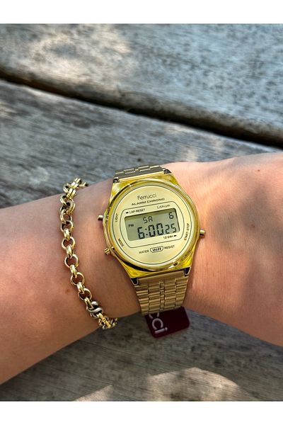 Ferrucci Gold Colored Digital Alarm Brand Model Waterproof Women's Watch with Steel Cord