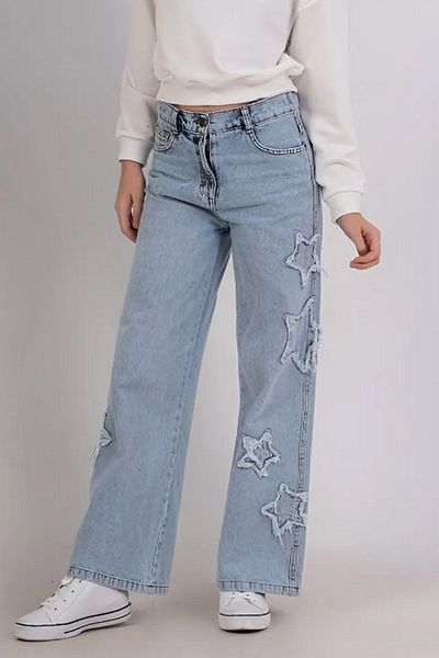 Asortik Kids Star Detailed Soft Textured Wide Leg Wide Leg Jeans Girls' Jeans